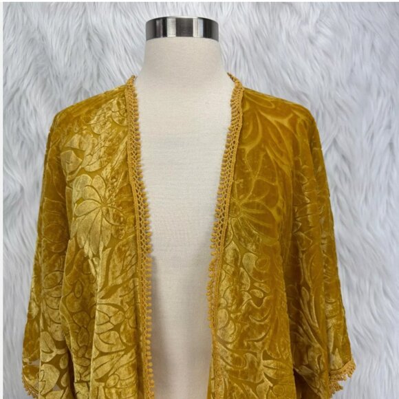 Natural Life Burnout Velvet Open Kimono Top Golden Yellow Boho Fairy Festival - Picture 3 of 14